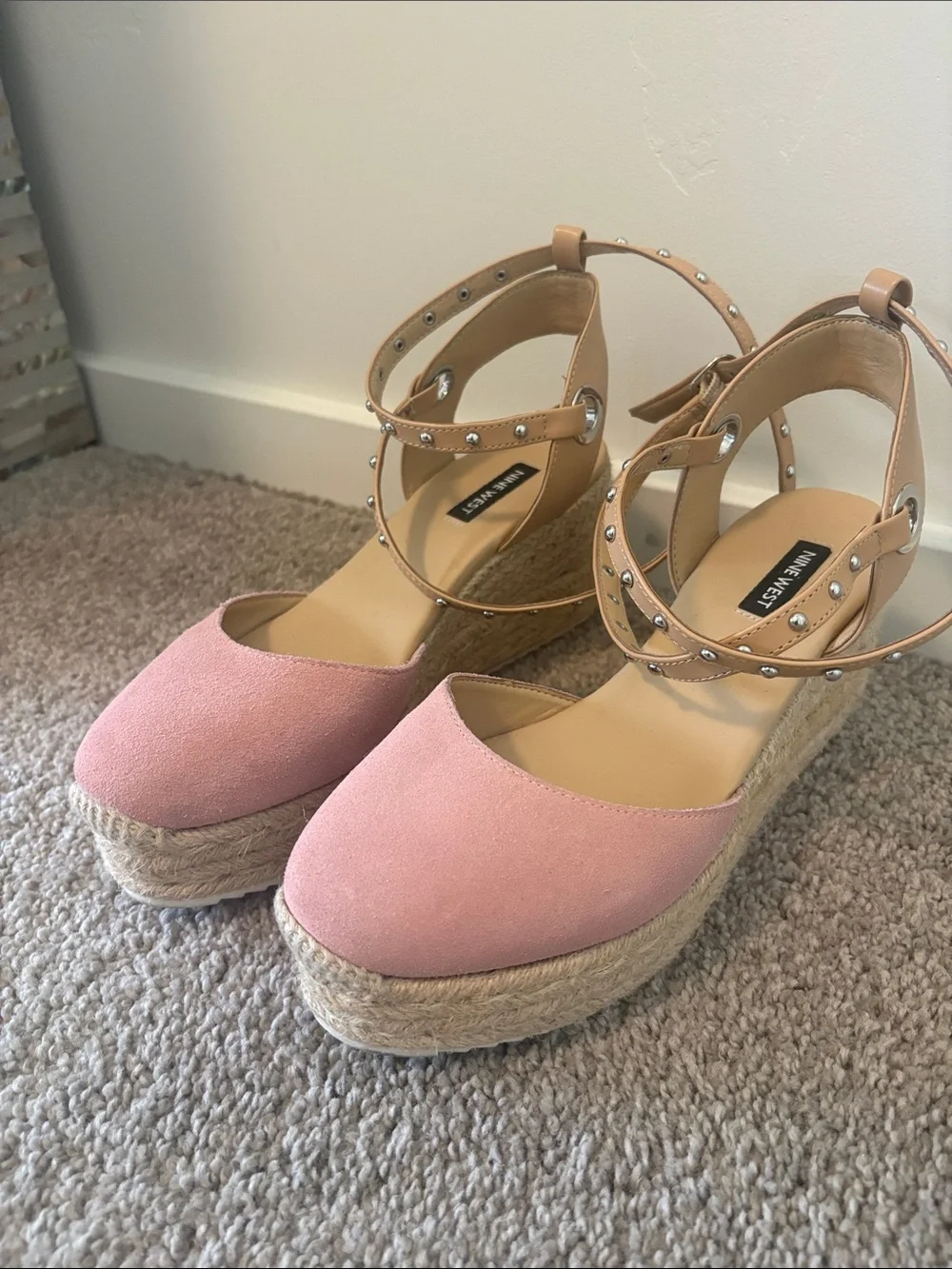 Nine West Blush Pink Espadrille Platform Wedge Sandals with Studded Ankle Straps